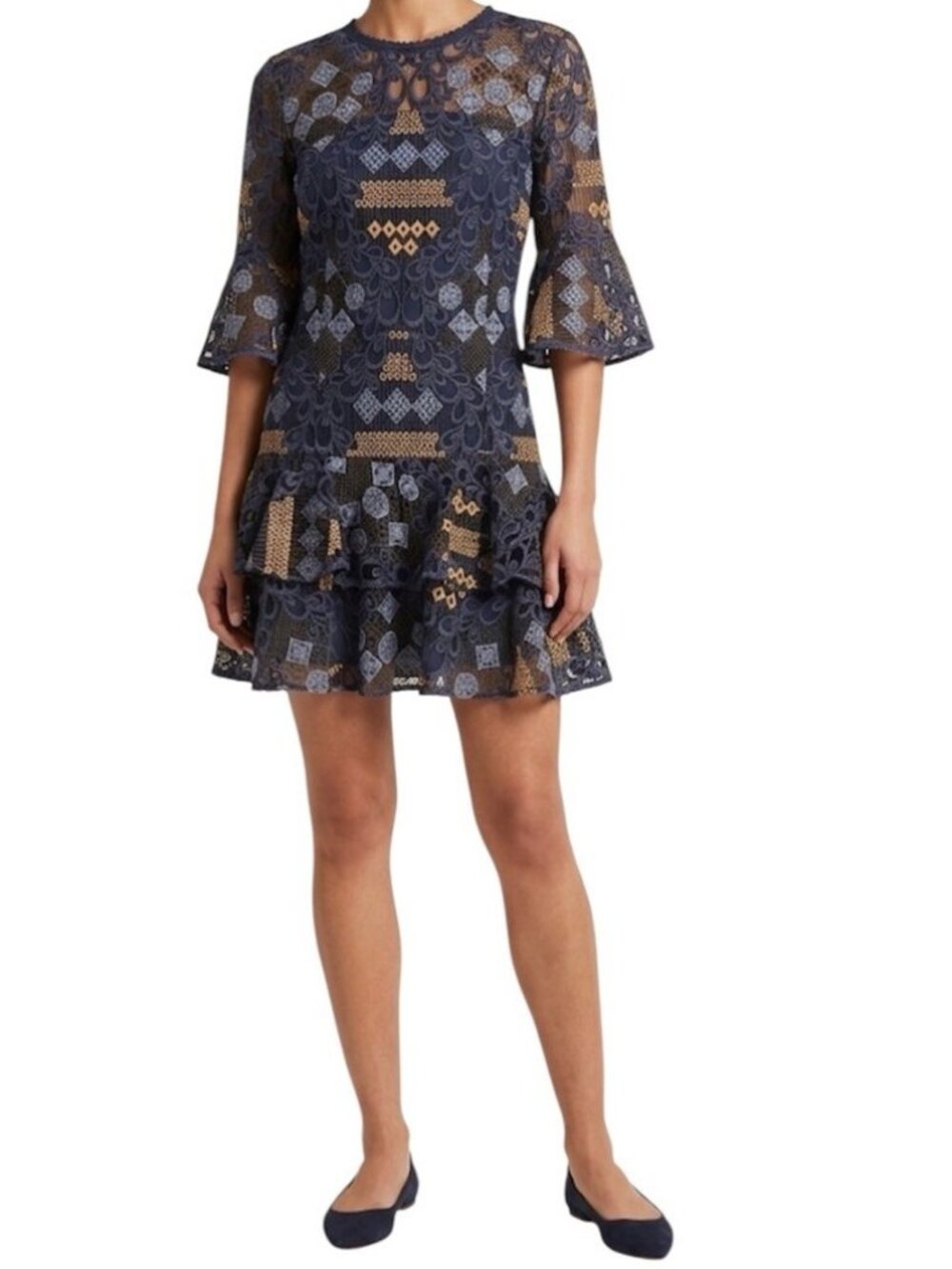 PROSE & POETRY Anthropologie Blue & Gold Floral Chic Bell Sleeve Dress Small
